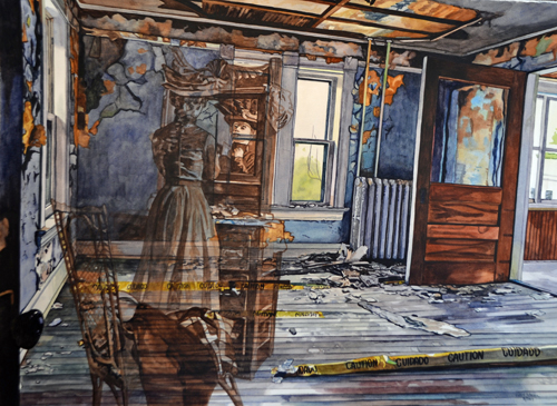 Watercolor painting of a dilapidated bedroom with ghosts by Valerie Patterson