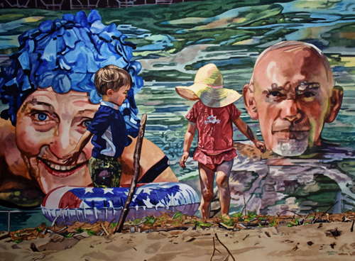 Watercolor painting of two young children standing in front of a wall with a blown up image of an elderly couple swimming by Valerie Patterson