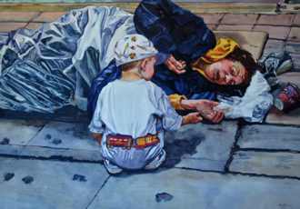 Watercolor painting of a small boy offering food to a homeless person by Valerie Patterson
