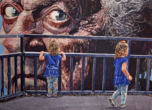 Watercolor painting of young twin girls at a zoo looking over the railing at an oversized elderly person's face by Valerie Patterson