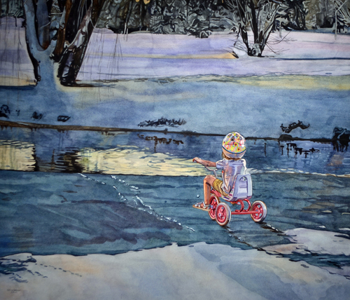 Watercolor painting of a winter scene with a child on a tricycle riding towards a stream by Valerie Patterson