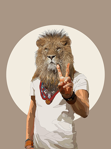 Digital drawing of a lion in a tee shirt waving a peace sign by Paul Kingsley Squire