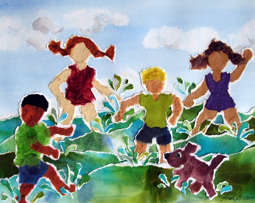 Torn paper collage of children playing by Lisa Brown