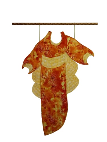 Rust and gold embroidered fiber and mixed media kimono wall hanging by Sandra Sciarrotta