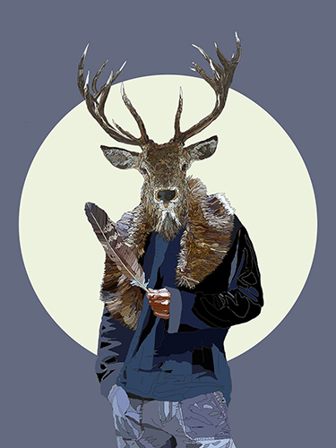 Digital drawing of a stag holding a feather and wearing a blue fur-line jacket by Paul Kingsley Squire