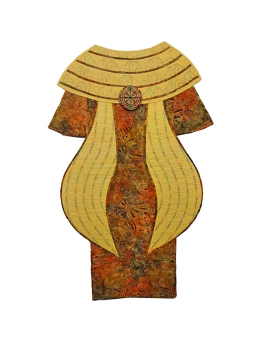 Yellow and orange embroidered fiber and mixed media kimono wall hanging by Sandra Sciarrotta