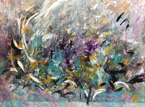 Abstract painting with birds by Kim Howes Zabbia