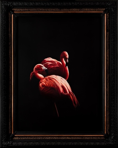 Framed oil painting of two flamingos by Barbara Hangan