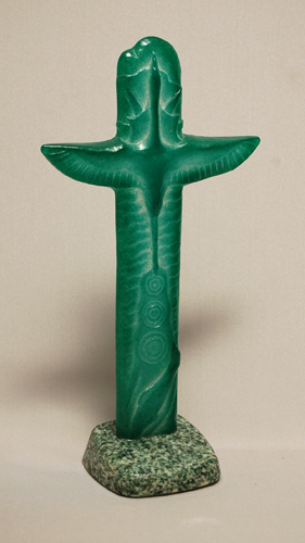 Art Glass sculpture of a green cactus like totem pole by Michael Dupille