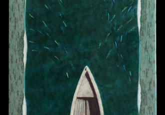 Glass artwork of the prow of a boat moving through a school of fish by Michael Dupille