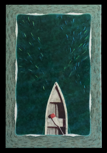 Glass artwork of the prow of a boat moving through a school of fish by Michael Dupille