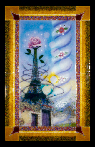 Glass artwork of the Eiffel Tower with a large pink rose at the top by Michael Dupille