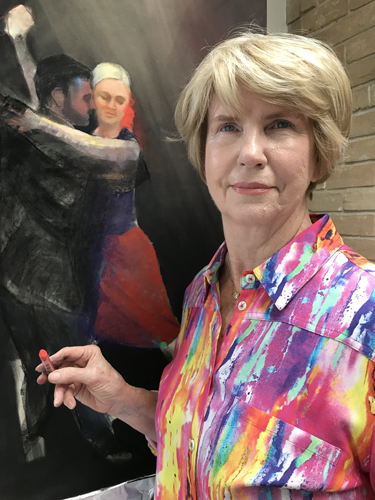 Artist Carolyn Hancock with "Tango" a pastel painting in process