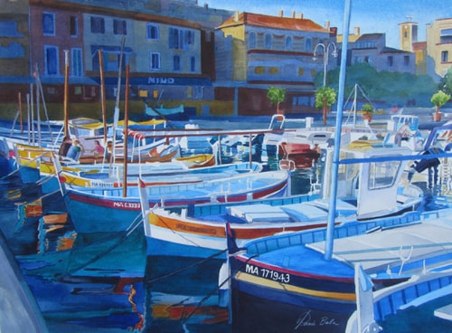 Watercolor painting of a marina in Cassis, France by Tanis Bula
