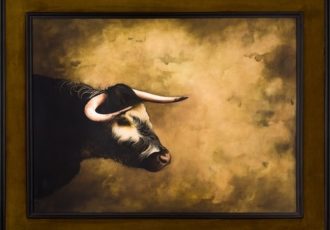 Framed oil painting of the head only of a steer by Barbara Hangan