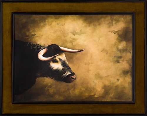 Framed oil painting of the head only of a steer by Barbara Hangan
