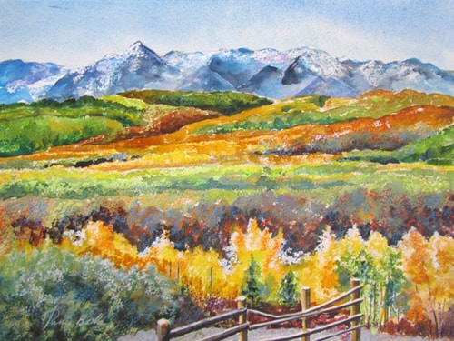 Mixed media painting of a Colorado landscape by Tanis Bula