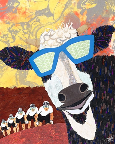 Mixed media collage of a cow photobombing a bicycle event by Doug Dale