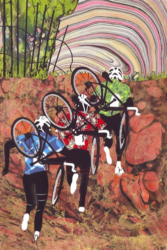 Mixed media collage of bicyclists carrying their bikes up an embankment by Doug Dale