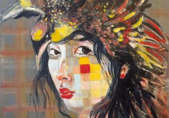 Pixelated painting of a woman with a feathered duck hat by Eva Lewarne