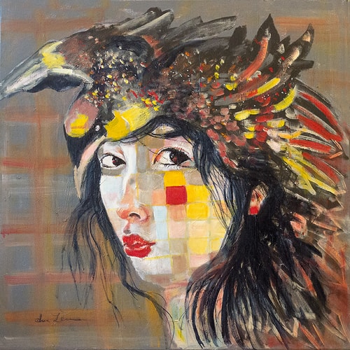 Pixelated painting of a woman with a feathered duck hat by Eva Lewarne