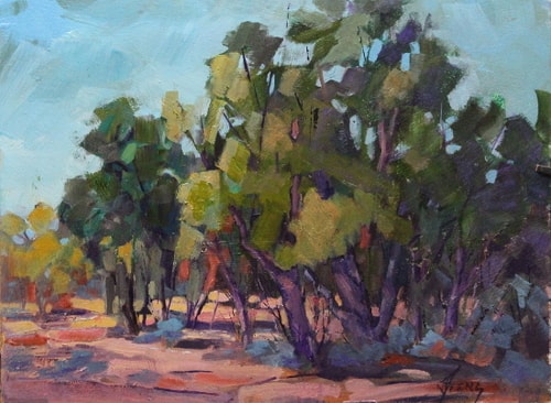 Impressionistic landscape painting of Juniper trees by Jody Ahrens