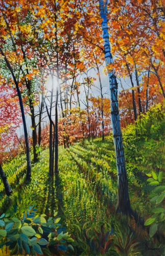 Oil painting of the sun through trees by Leanne Hanson