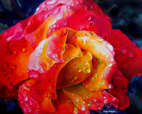 close up painting of a red rose with raindrops by Diane Morgan
