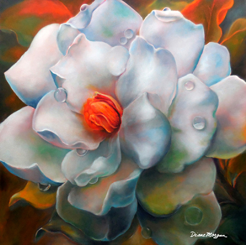 close up painting of a white gardenia by Diane Morgan