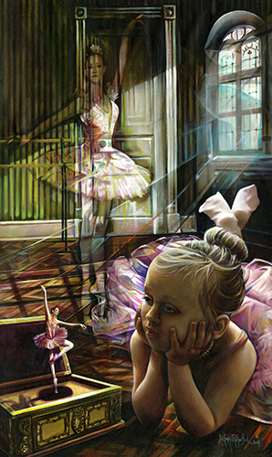 painting of a little ballerina watching a ballerina music box with a ghost ballerina in the background by Kathryn Rutherford