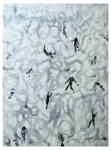 Surreal painting of figures in a swirling mist by Kasun Wickramasinghe
