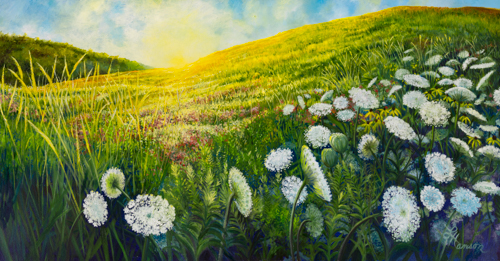Oil painting of a field of flowers at sunrise by Leanne Hanson