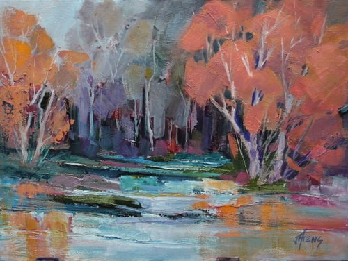Impressionistic landscape painting of a pond in the woods by Jody Ahrens