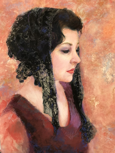 Pastel portrait of a dark-haired woman by Carolyn Hancock