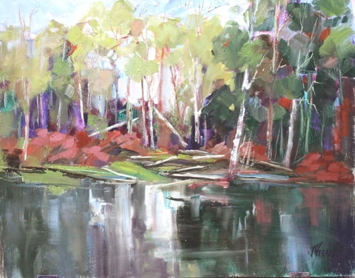 Impressionistic landscape painting of trees and a pond by Jody Ahrens