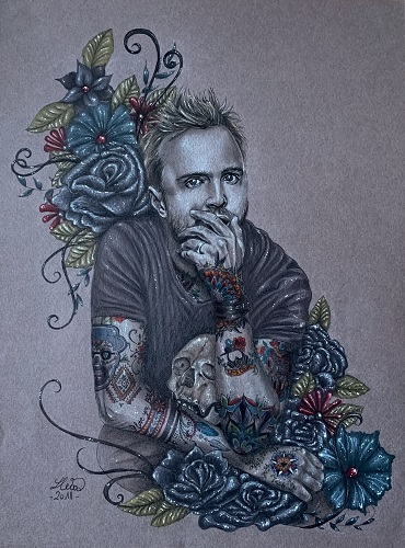 Mixed media drawing of a young man in a t shirt on a blue background by Lux Wood