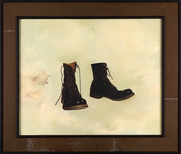Framed oil painting of a pair of army boots in the clouds by Barbara Hangan