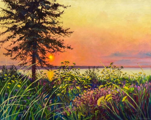 Oil painting of a sunset over the bay by Leanne Hanson