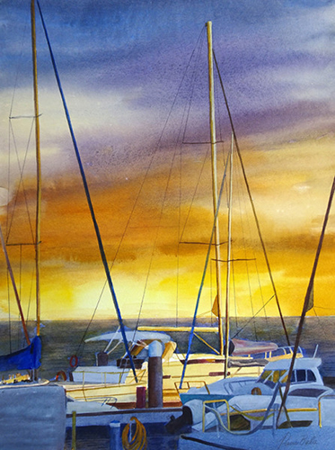 Watercolor painting of a sunset over a harbor with sailboats by Tanis Bula