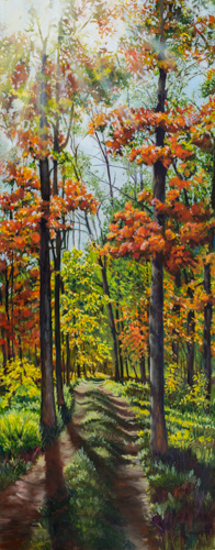 Oil painting of a road through a woods by Leanne Hanson