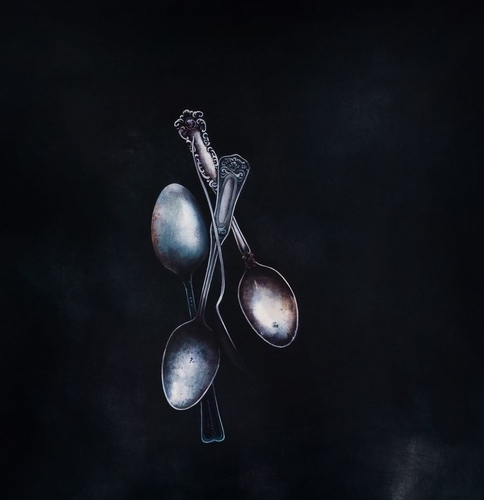 Oil painting of three silver spoons by Barbara Hangan