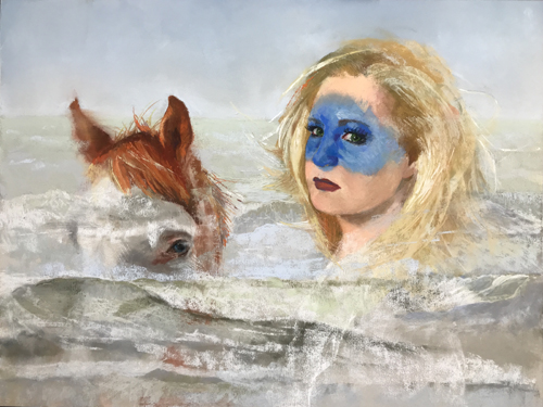Pastel drawing of a young girl swimming with a horse by Carolyn Hancock