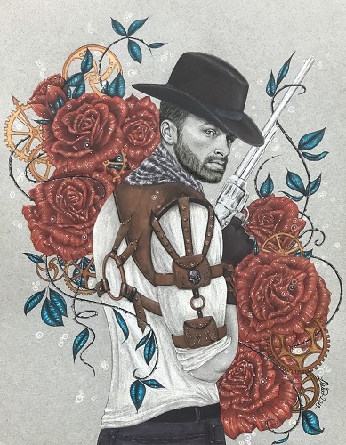 mixed media drawing of a steampunk cowboy by Lux Wood