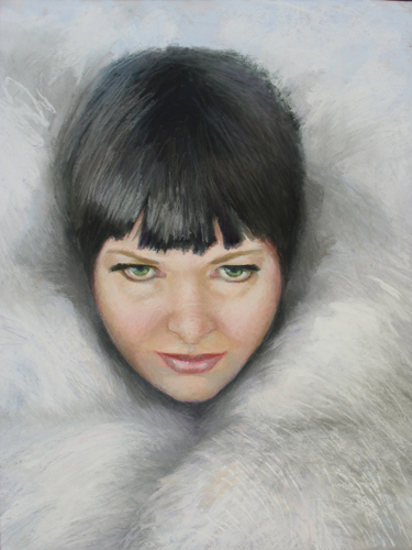 Pastel portrait inspired by Lupe Velez of vamp in furs by Carolyn Hancock