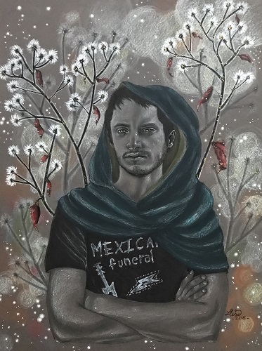 mixed media drawing of a man with a hood by Lux Wood