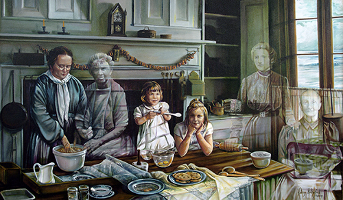 painting of a mom and daughters cooking with female ghosts from their family looking on by Kathryn Rutherford