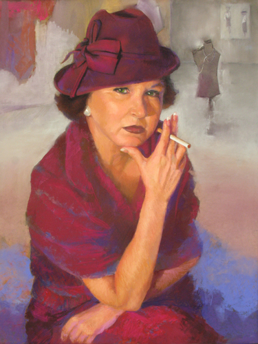 Pastel portrait inspired by Coco Chanel of a woman with a cigarette by Carolyn Hancock