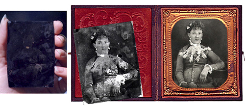 Tintype restoration process of a black and white photograph by Kathryn Rutherford
