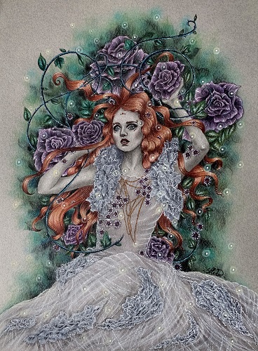 mixed media drawing of a beautifully dressed woman with red hair by Lux Wood