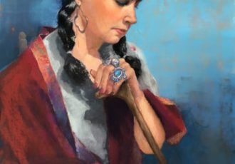 Pastel portrait inspired by Frida Kahlo of a dark haired woman lost in thought by Carolyn Hancock